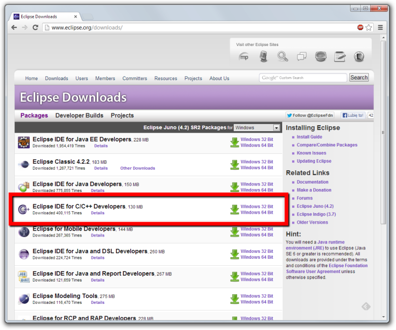 Eclipse IDE, download, krok 2.