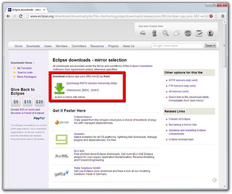 Eclipse IDE, download, krok 3.